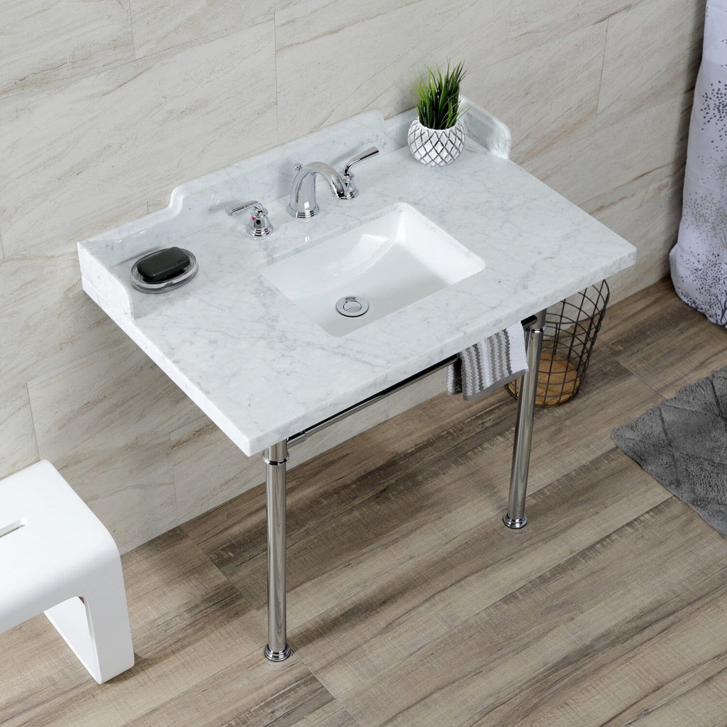 Wesselman 36-Inch Carrara Marble Console Sink with Stainless Steel Legs (8-Inch, 3-Hole)