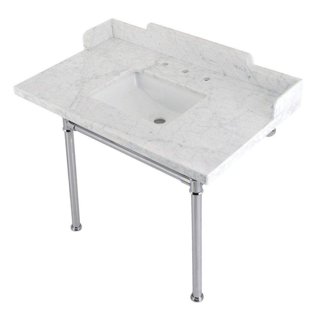 Wesselman 36-Inch Carrara Marble Console Sink with Stainless Steel Legs (8-Inch, 3-Hole)