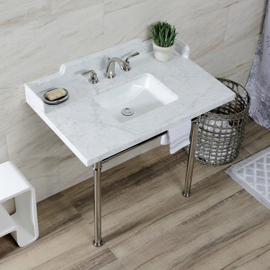 Wesselman 36-Inch Carrara Marble Console Sink with Stainless Steel Legs (8-Inch, 3-Hole)