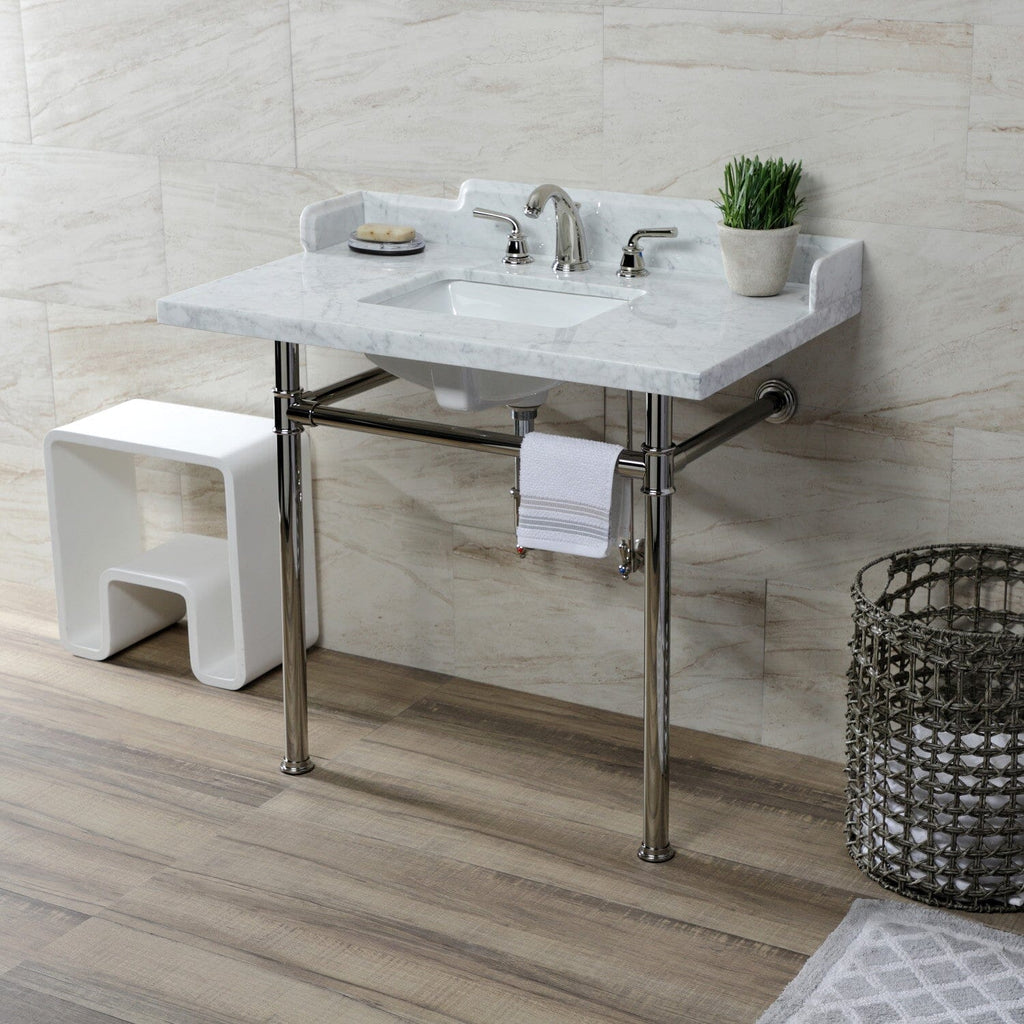 Wesselman 36-Inch Carrara Marble Console Sink with Stainless Steel Legs (8-Inch, 3-Hole)