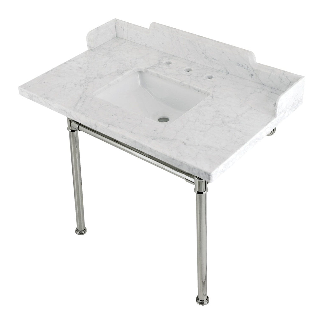 Wesselman 36-Inch Carrara Marble Console Sink with Stainless Steel Legs (8-Inch, 3-Hole)