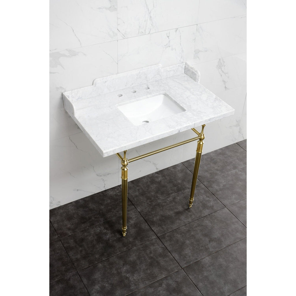 Habsburg 36-Inch Carrara Marble Console Sink with Brass Legs (8-Inch, 3-Hole)