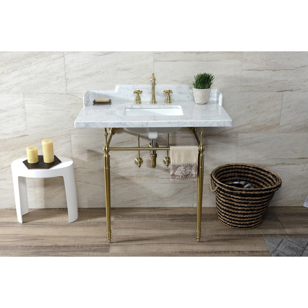 Habsburg 36-Inch Carrara Marble Console Sink with Brass Legs (8-Inch, 3-Hole)