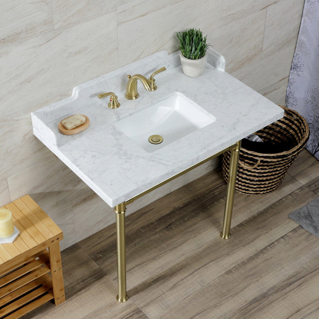 Wesselman 36-Inch Carrara Marble Console Sink with Stainless Steel Legs (8-Inch, 3-Hole)