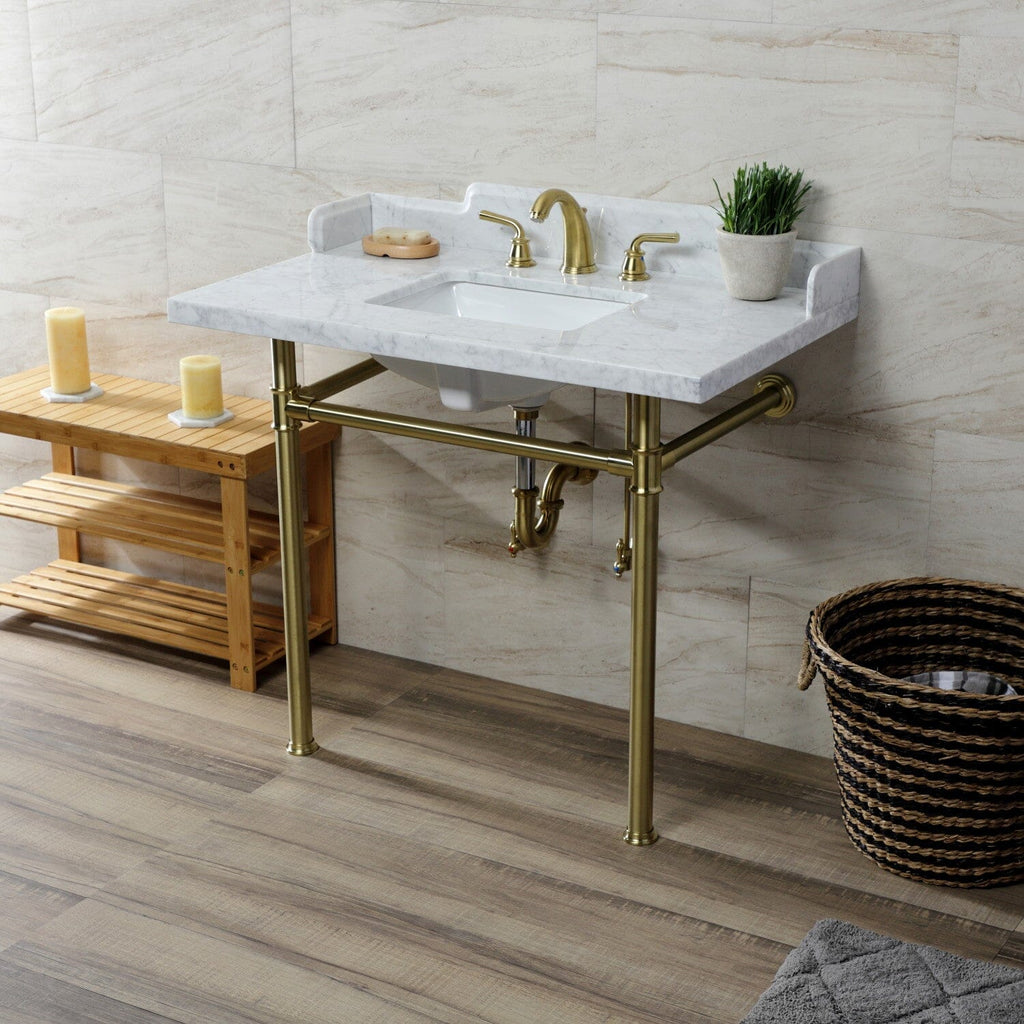 Wesselman 36-Inch Carrara Marble Console Sink with Stainless Steel Legs (8-Inch, 3-Hole)