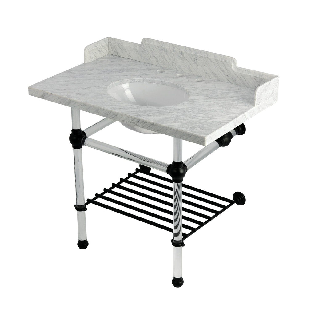 Pemberton 36-Inch Carrara Marble Console Sink with Acrylic Legs and Shelf (8-Inch, 3-Hole)