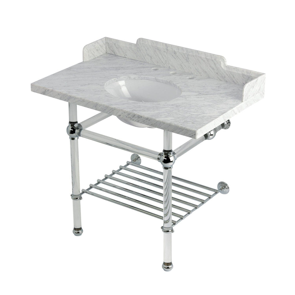 Pemberton 36-Inch Carrara Marble Console Sink with Acrylic Legs and Shelf (8-Inch, 3-Hole)