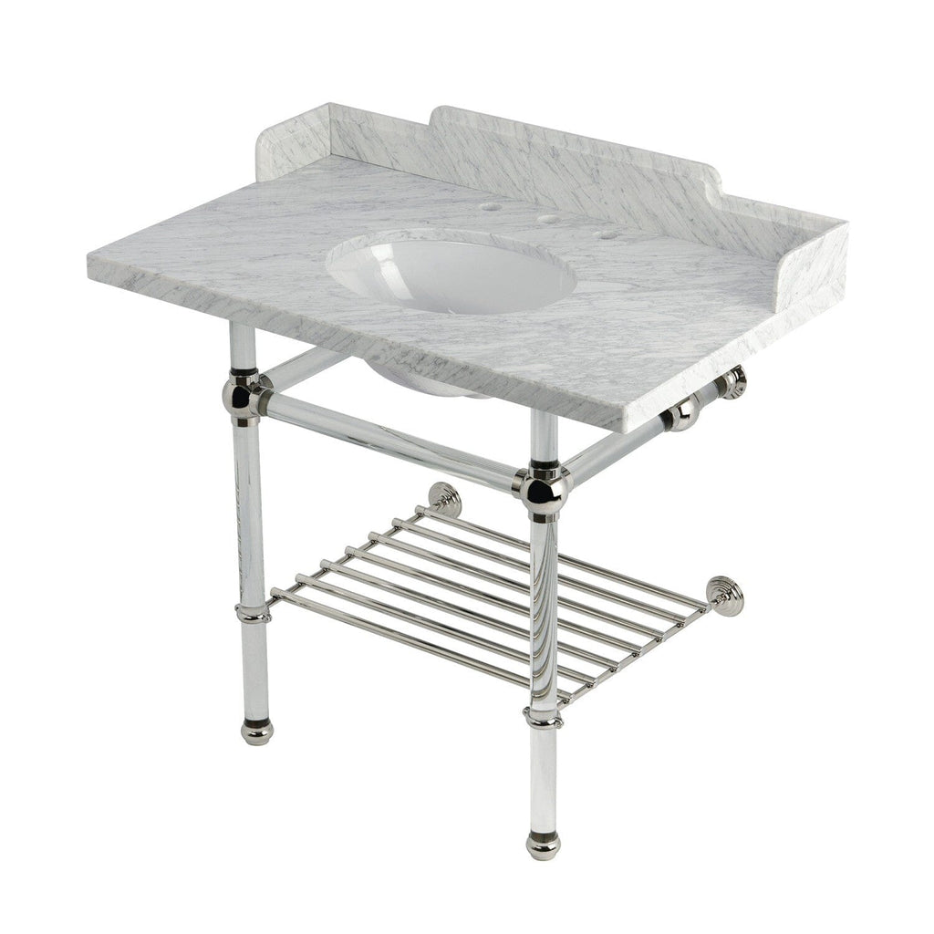 Pemberton 36-Inch Carrara Marble Console Sink with Acrylic Legs and Shelf (8-Inch, 3-Hole)