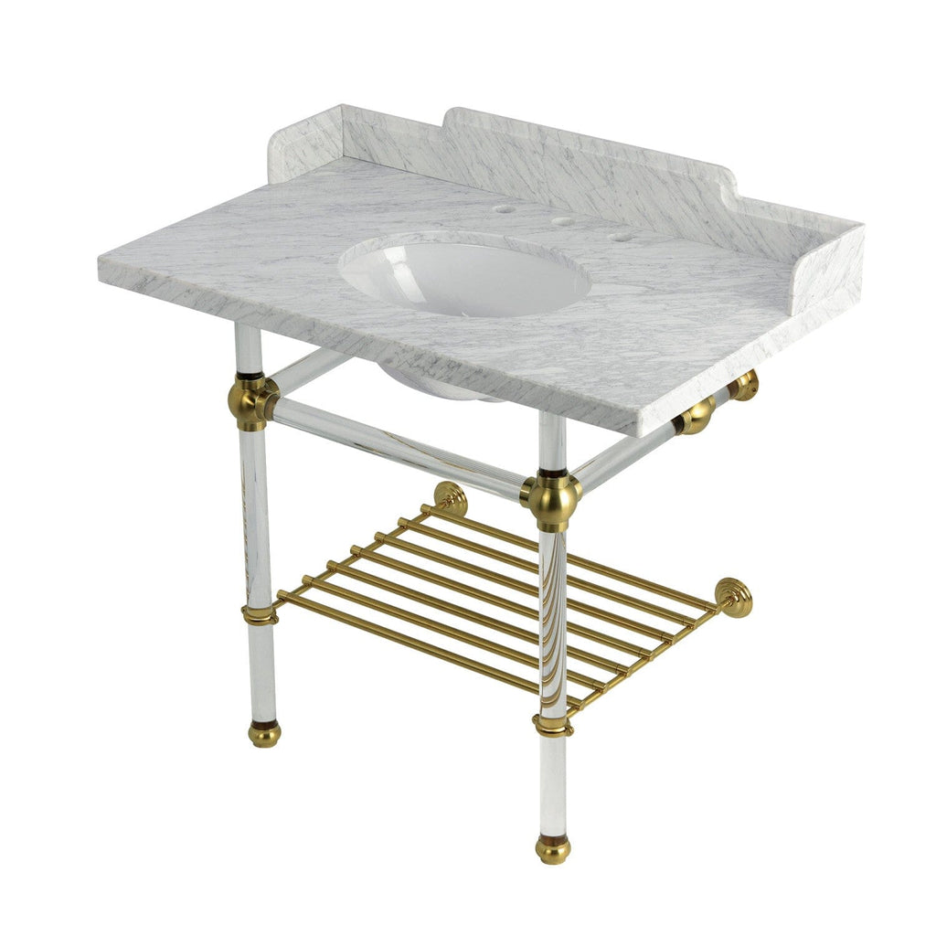 Pemberton 36-Inch Carrara Marble Console Sink with Acrylic Legs and Shelf (8-Inch, 3-Hole)