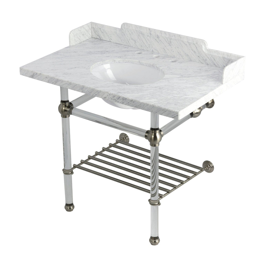 Pemberton 36-Inch Carrara Marble Console Sink with Acrylic Legs and Shelf (8-Inch, 3-Hole)