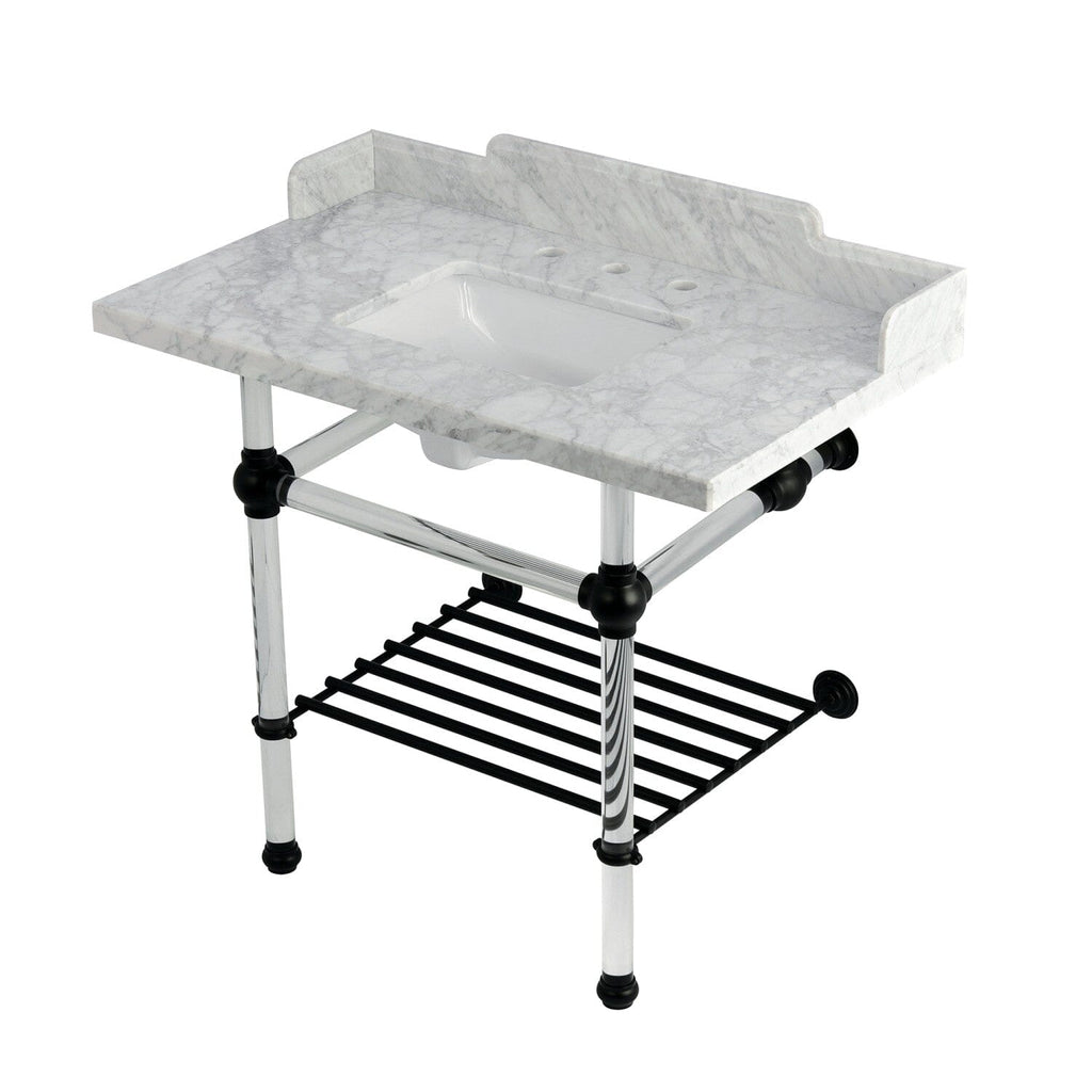 Pemberton 36-Inch Carrara Marble Console Sink with Acrylic Legs and Shelf (8-Inch, 3-Hole)