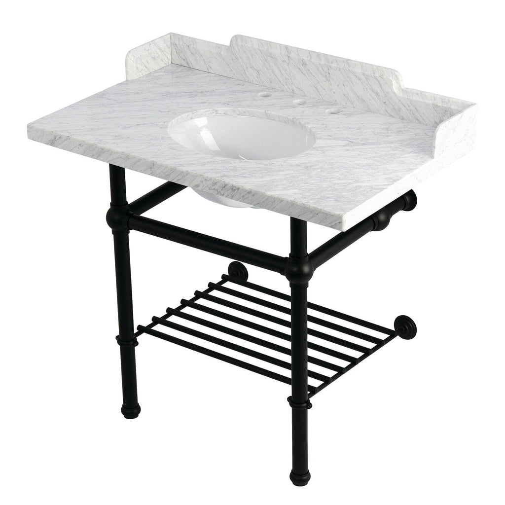 Pemberton 36-Inch Carrara Marble Console Sink with Brass Legs and Shelf (8-Inch, 3-Hole)