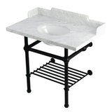 Pemberton 36-Inch Carrara Marble Console Sink with Brass Legs and Shelf (8-Inch, 3-Hole)