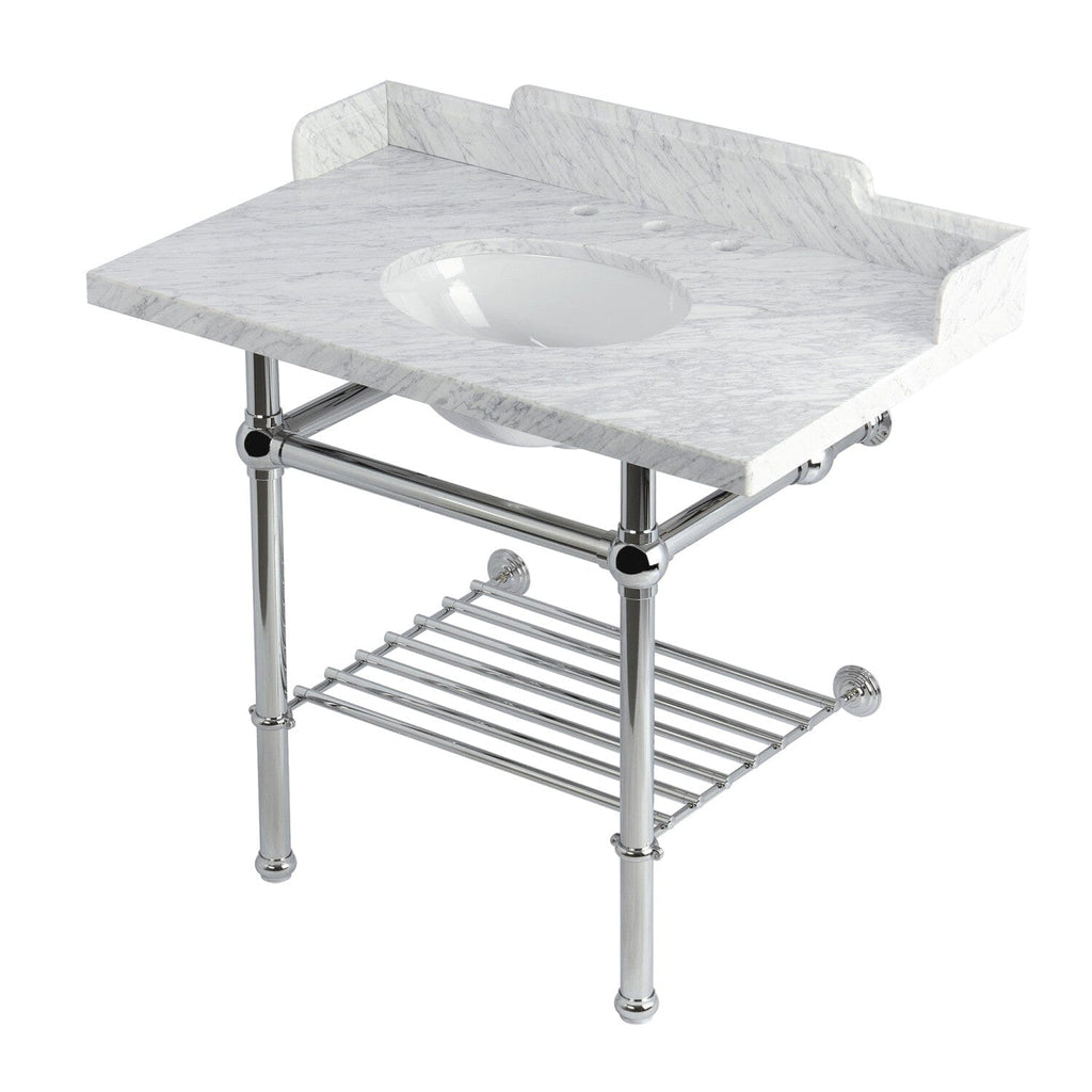 Pemberton 36-Inch Carrara Marble Console Sink with Brass Legs and Shelf (8-Inch, 3-Hole)