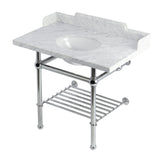 Pemberton 36-Inch Carrara Marble Console Sink with Brass Legs and Shelf (8-Inch, 3-Hole)