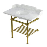 Pemberton 36-Inch Carrara Marble Console Sink with Brass Legs and Shelf (8-Inch, 3-Hole)