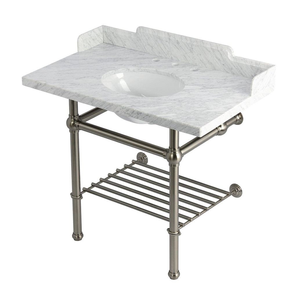 Pemberton 36-Inch Carrara Marble Console Sink with Brass Legs and Shelf (8-Inch, 3-Hole)