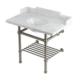 Pemberton 36-Inch Carrara Marble Console Sink with Brass Legs and Shelf (8-Inch, 3-Hole)