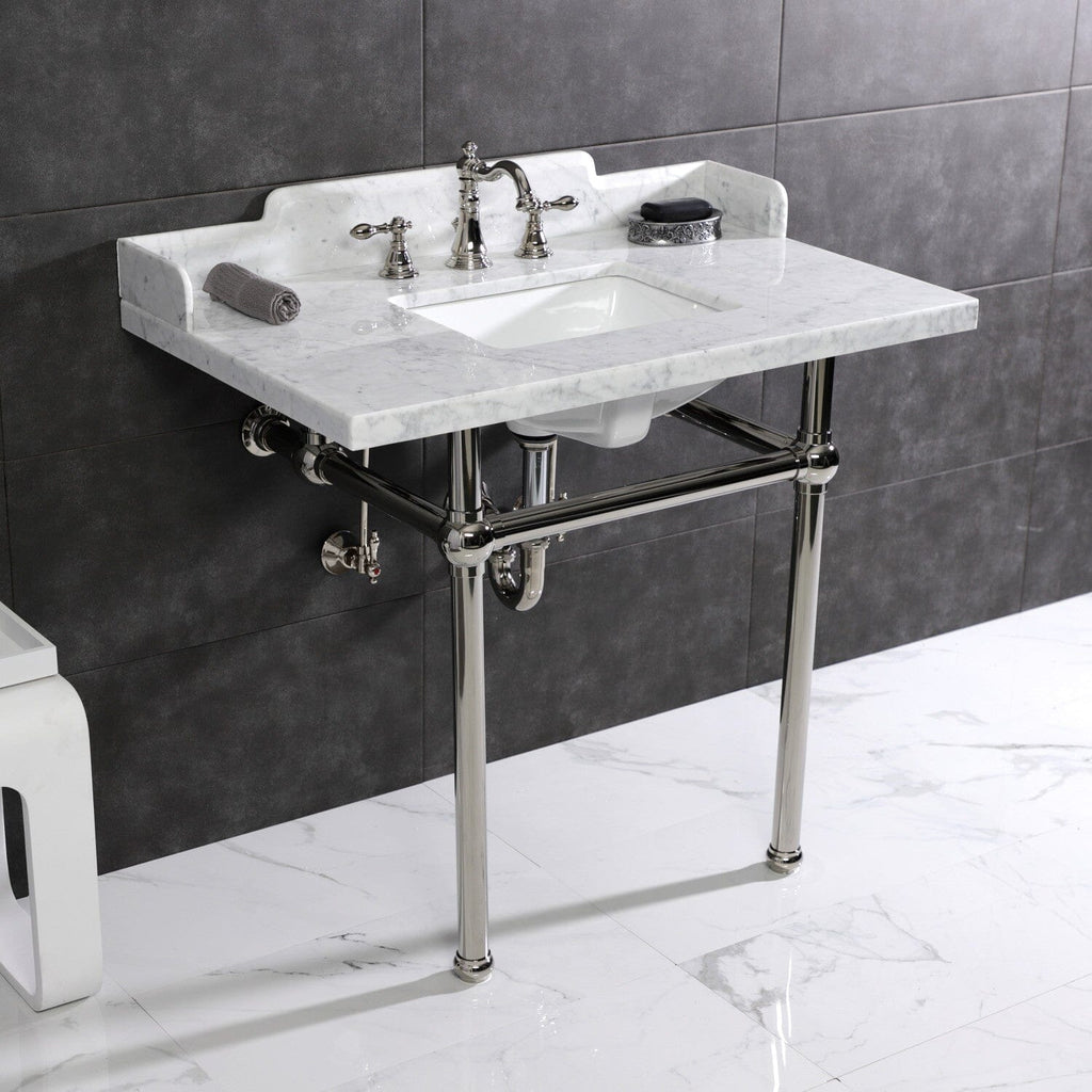 Pemberton 36-Inch Carrara Marble Console Sink with Brass Legs (8-Inch, 3-Hole)