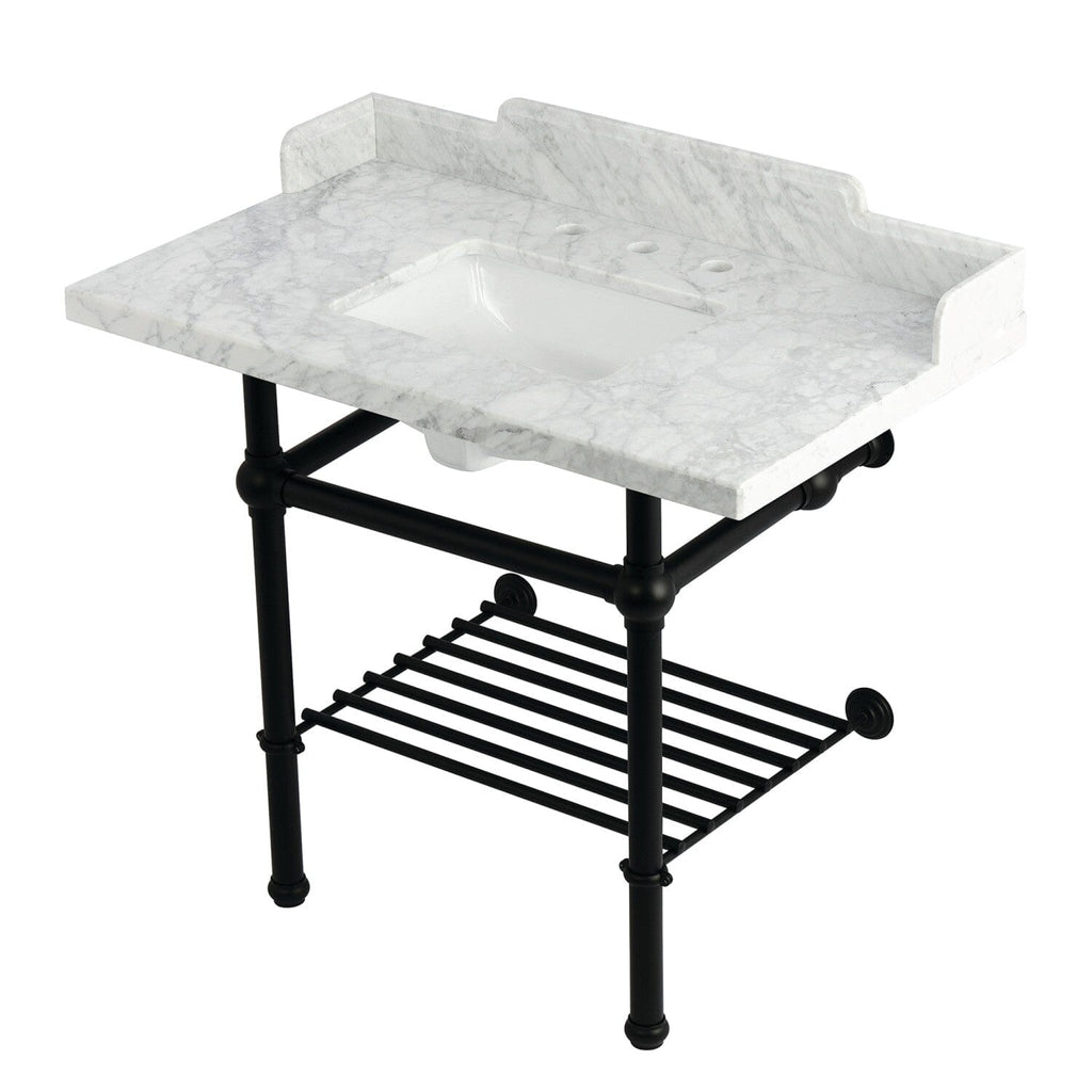 Pemberton 36-Inch Carrara Marble Console Sink with Brass Legs and Shelf (8-Inch, 3-Hole)