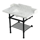 Pemberton 36-Inch Carrara Marble Console Sink with Brass Legs and Shelf (8-Inch, 3-Hole)
