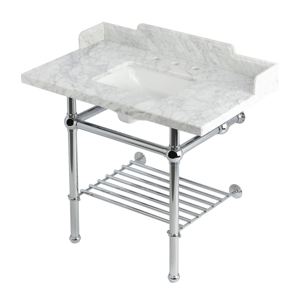 Pemberton 36-Inch Carrara Marble Console Sink with Brass Legs and Shelf (8-Inch, 3-Hole)