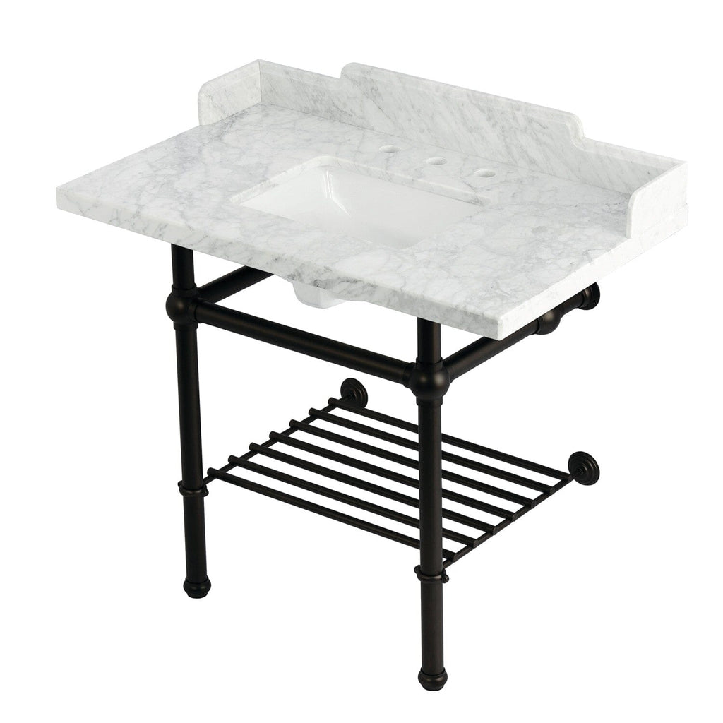 Pemberton 36-Inch Carrara Marble Console Sink with Brass Legs and Shelf (8-Inch, 3-Hole)