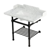 Pemberton 36-Inch Carrara Marble Console Sink with Brass Legs and Shelf (8-Inch, 3-Hole)