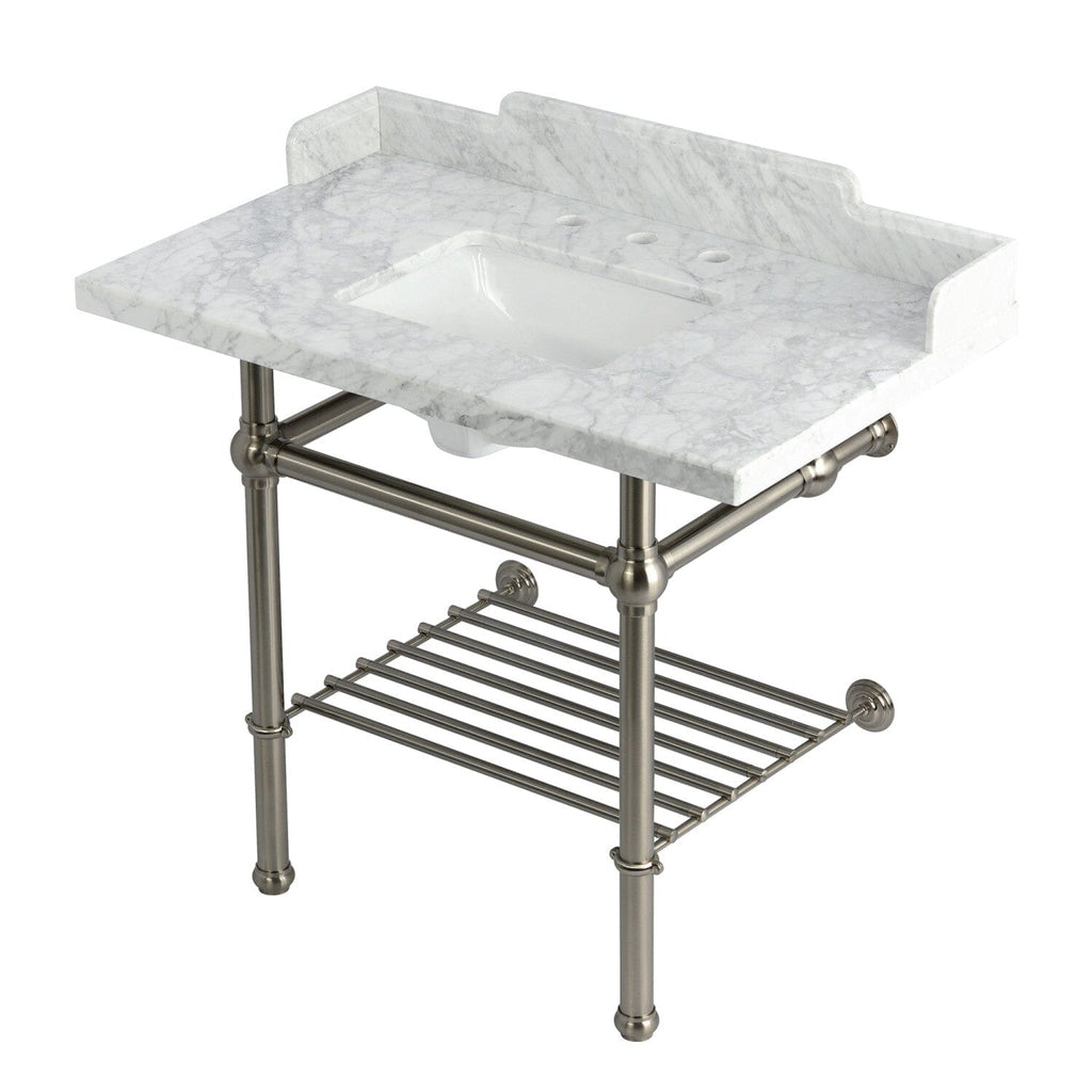 Pemberton 36-Inch Carrara Marble Console Sink with Brass Legs and Shelf (8-Inch, 3-Hole)