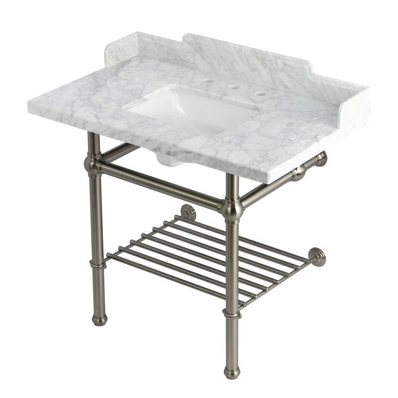 Pemberton 36-Inch Carrara Marble Console Sink with Brass Legs and Shelf (8-Inch, 3-Hole)