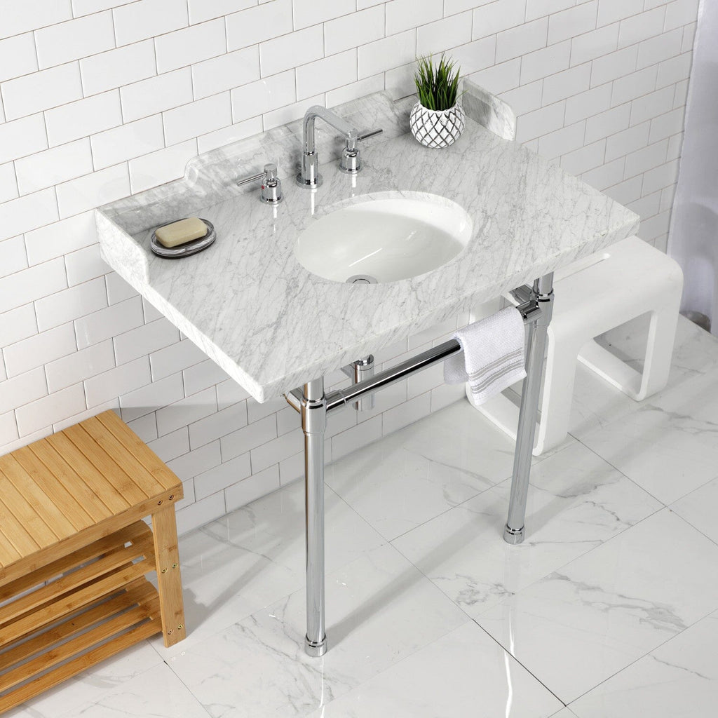 Dreyden 36-Inch Carrara Marble Console Sink with Stainless Steel Legs (8-Inch, 3-Hole)