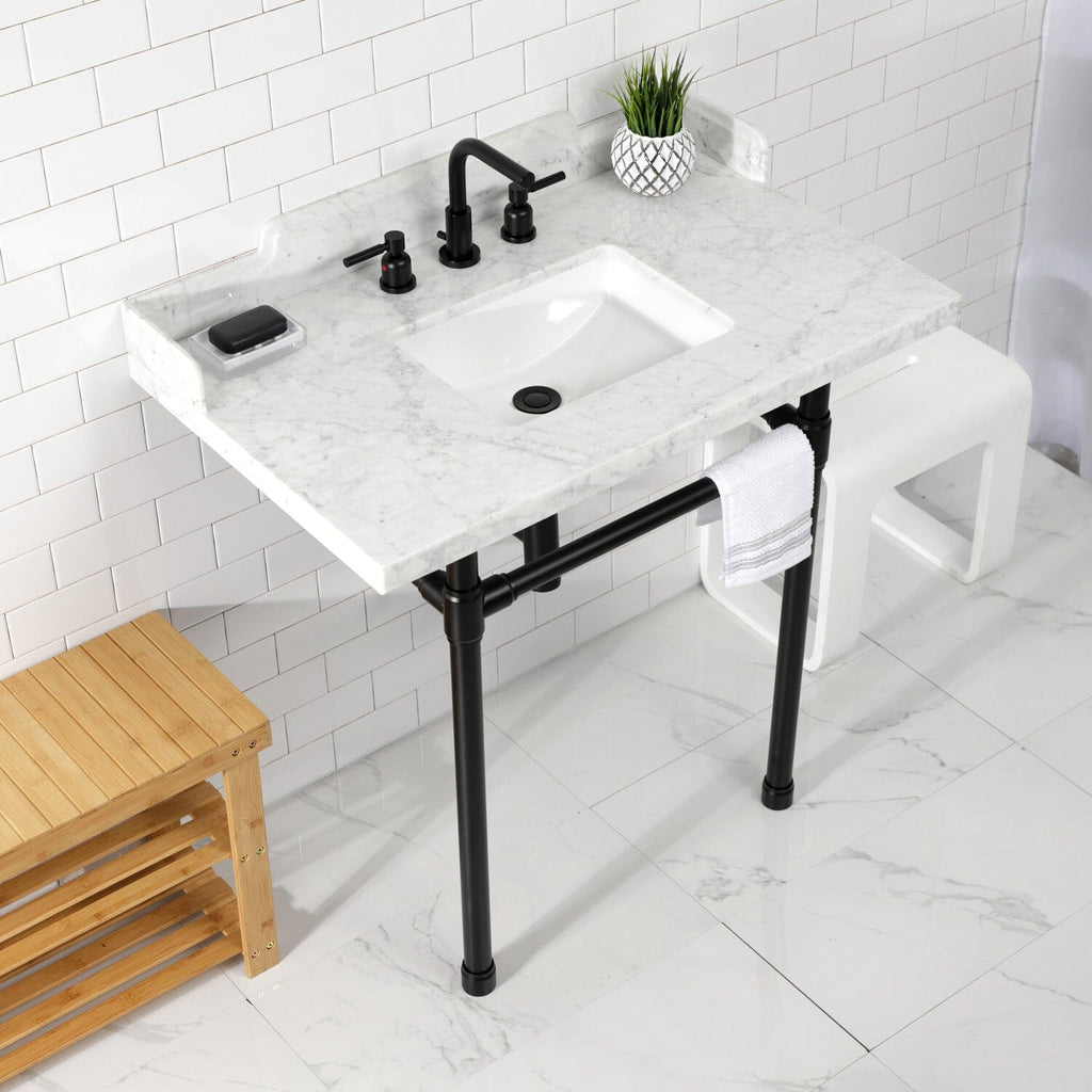 Dreyden 36-Inch Carrara Marble Console Sink with Stainless Steel Legs (8-Inch, 3-Hole)