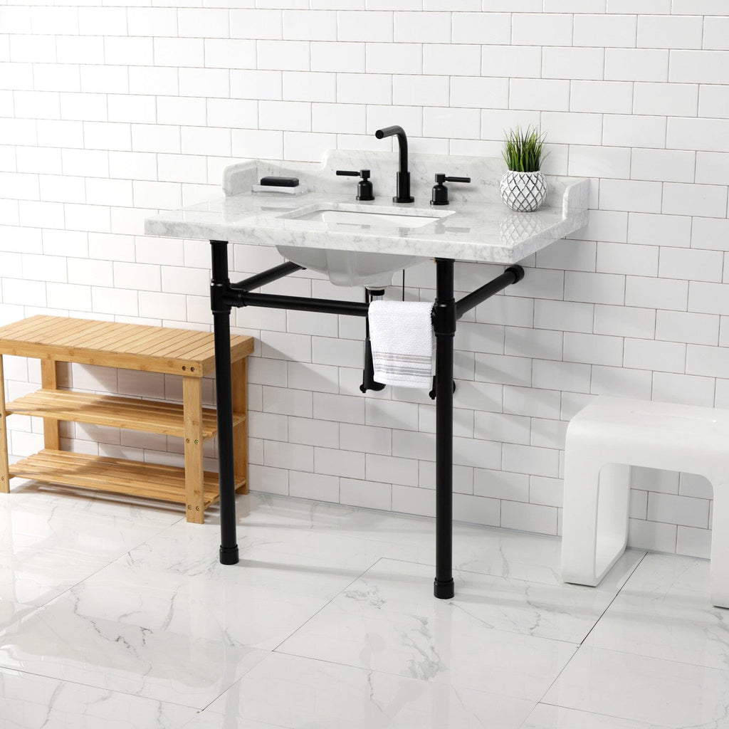 Dreyden 36-Inch Carrara Marble Console Sink with Stainless Steel Legs (8-Inch, 3-Hole)