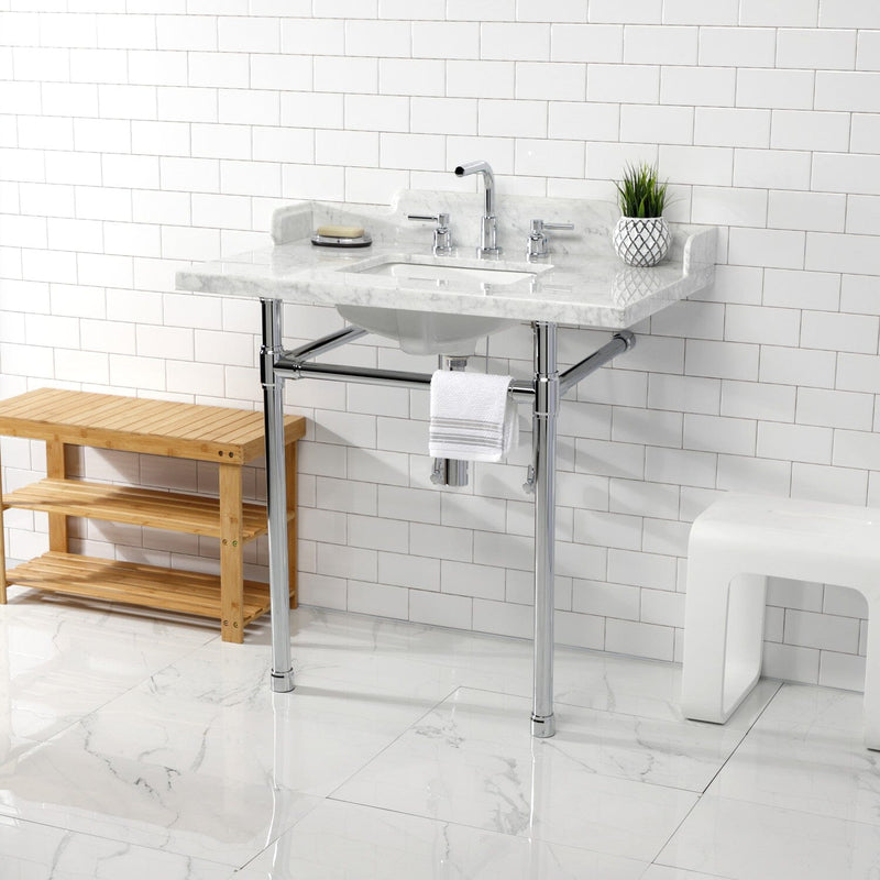 Dreyden 36-Inch Carrara Marble Console Sink with Stainless Steel Legs (8-Inch, 3-Hole)