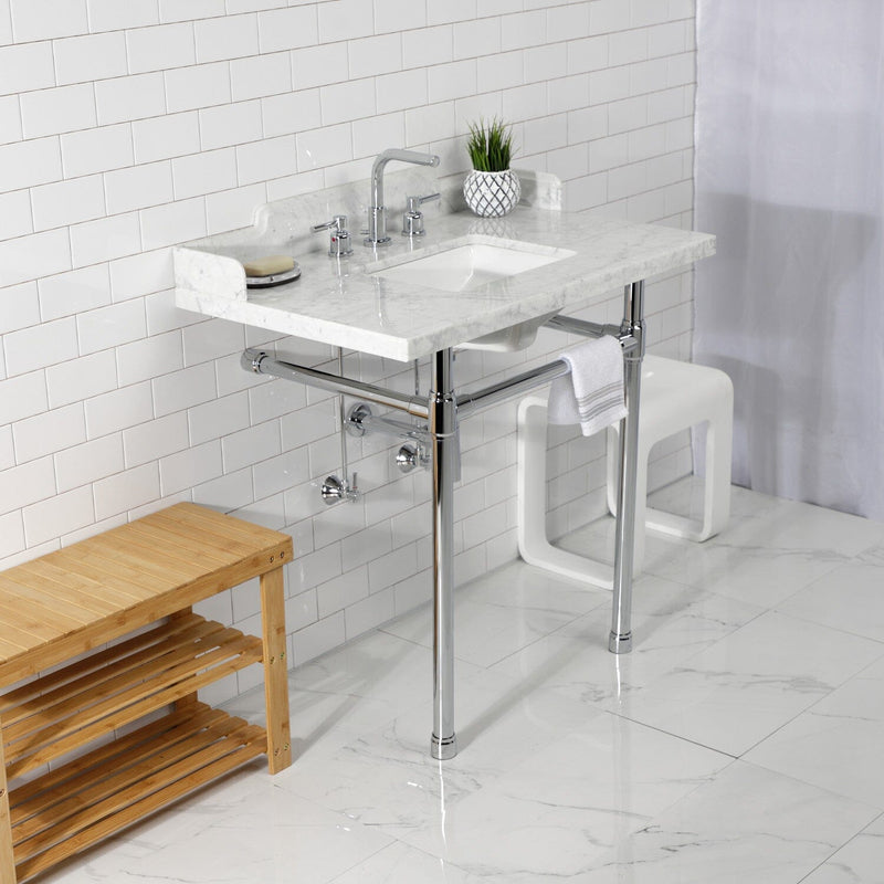 Dreyden 36-Inch Carrara Marble Console Sink with Stainless Steel Legs (8-Inch, 3-Hole)
