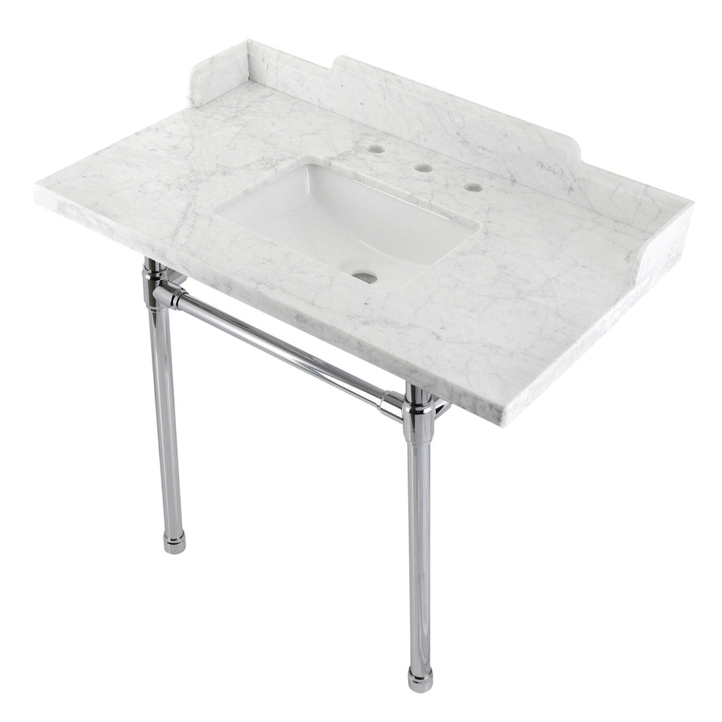Dreyden 36-Inch Carrara Marble Console Sink with Stainless Steel Legs (8-Inch, 3-Hole)
