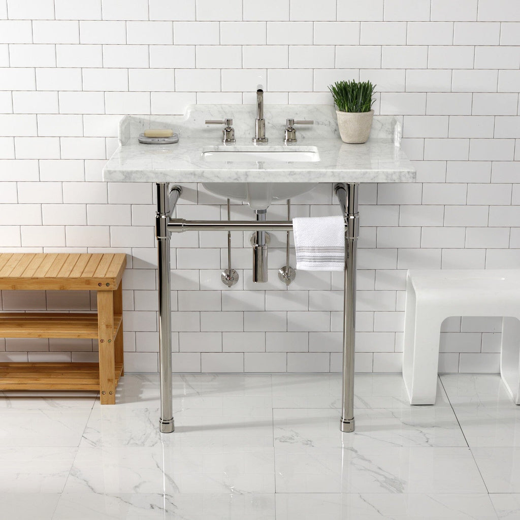 Dreyden 36-Inch Carrara Marble Console Sink with Stainless Steel Legs (8-Inch, 3-Hole)