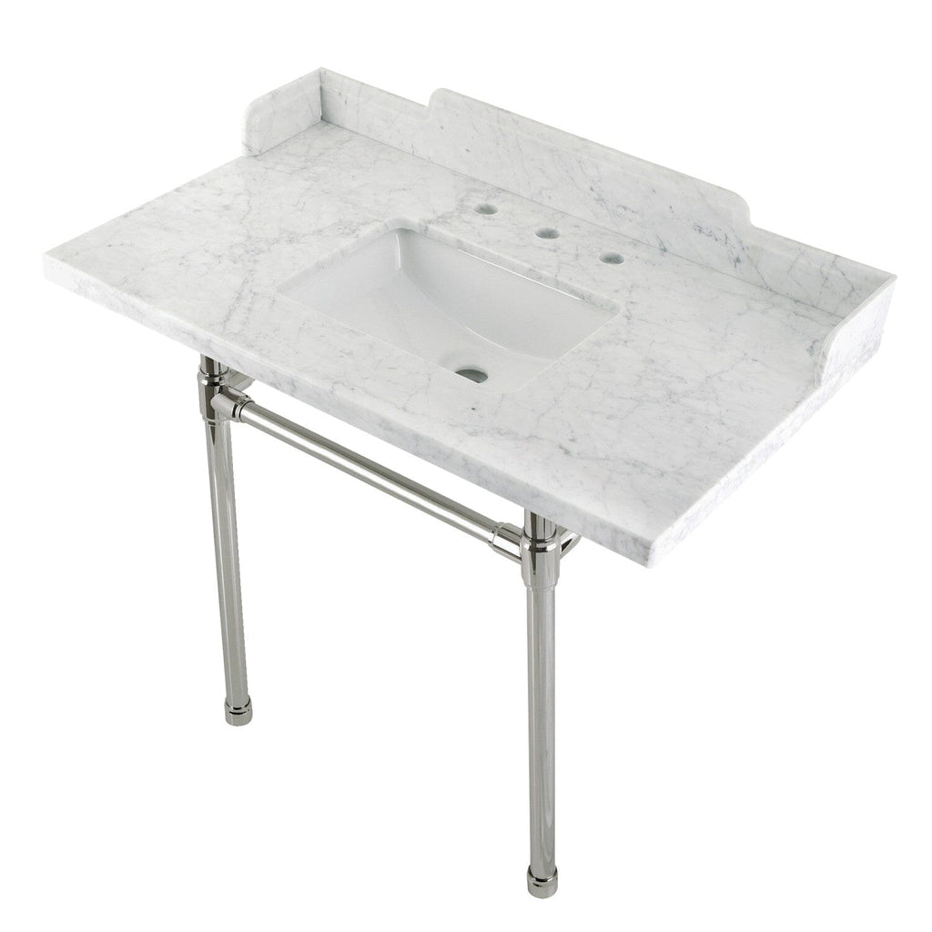 Dreyden 36-Inch Carrara Marble Console Sink with Stainless Steel Legs (8-Inch, 3-Hole)