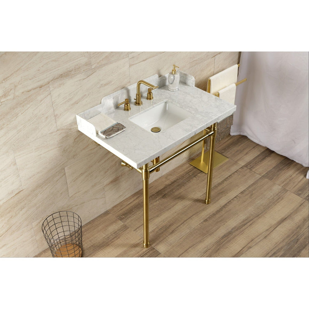 Dreyden 36-Inch Carrara Marble Console Sink with Stainless Steel Legs (8-Inch, 3-Hole)