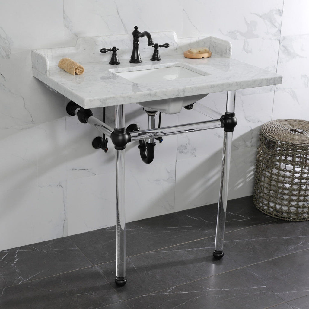 Pemberton 36-Inch Carrara Marble Console Sink with Acrylic Legs (8-Inch, 3-Hole)