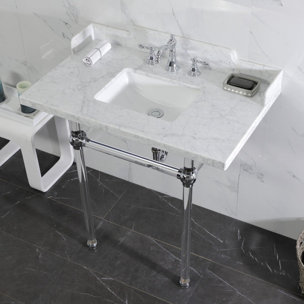 Pemberton 36-Inch Carrara Marble Console Sink with Acrylic Legs (8-Inch, 3-Hole)