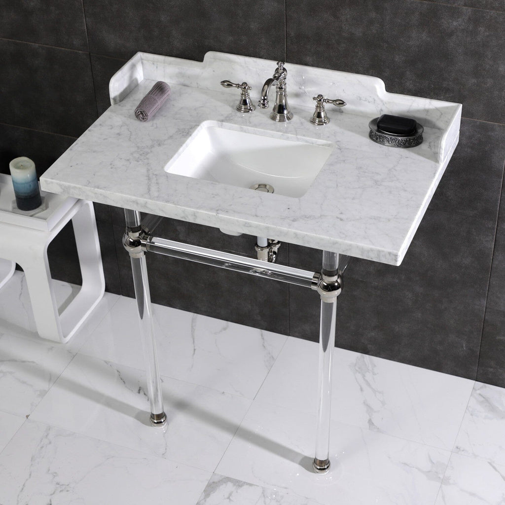 Pemberton 36-Inch Carrara Marble Console Sink with Acrylic Legs (8-Inch, 3-Hole)