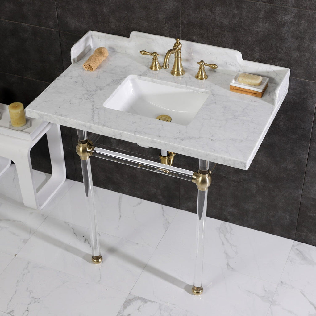 Pemberton 36-Inch Carrara Marble Console Sink with Acrylic Legs (8-Inch, 3-Hole)