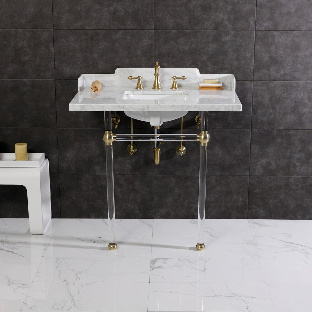 Pemberton 36-Inch Carrara Marble Console Sink with Acrylic Legs (8-Inch, 3-Hole)