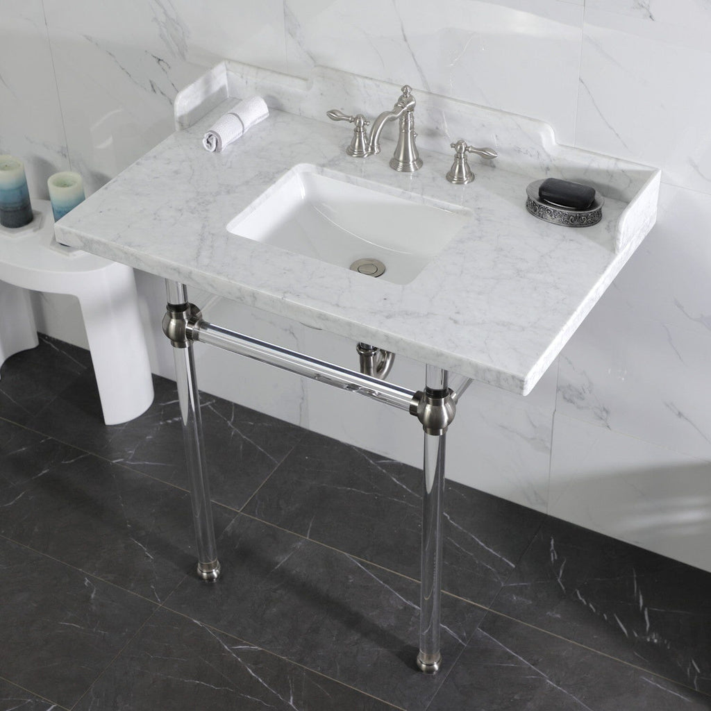 Pemberton 36-Inch Carrara Marble Console Sink with Acrylic Legs (8-Inch, 3-Hole)