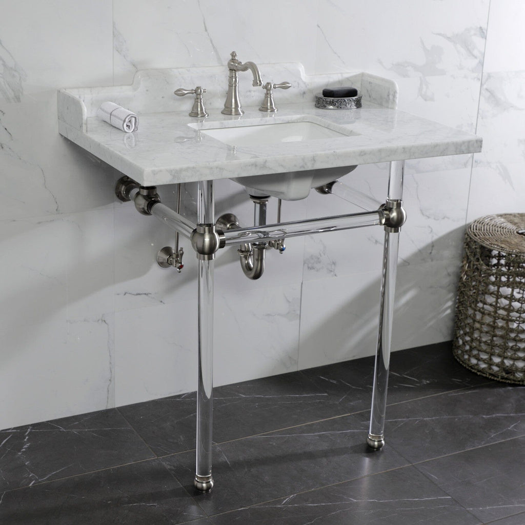 Pemberton 36-Inch Carrara Marble Console Sink with Acrylic Legs (8-Inch, 3-Hole)