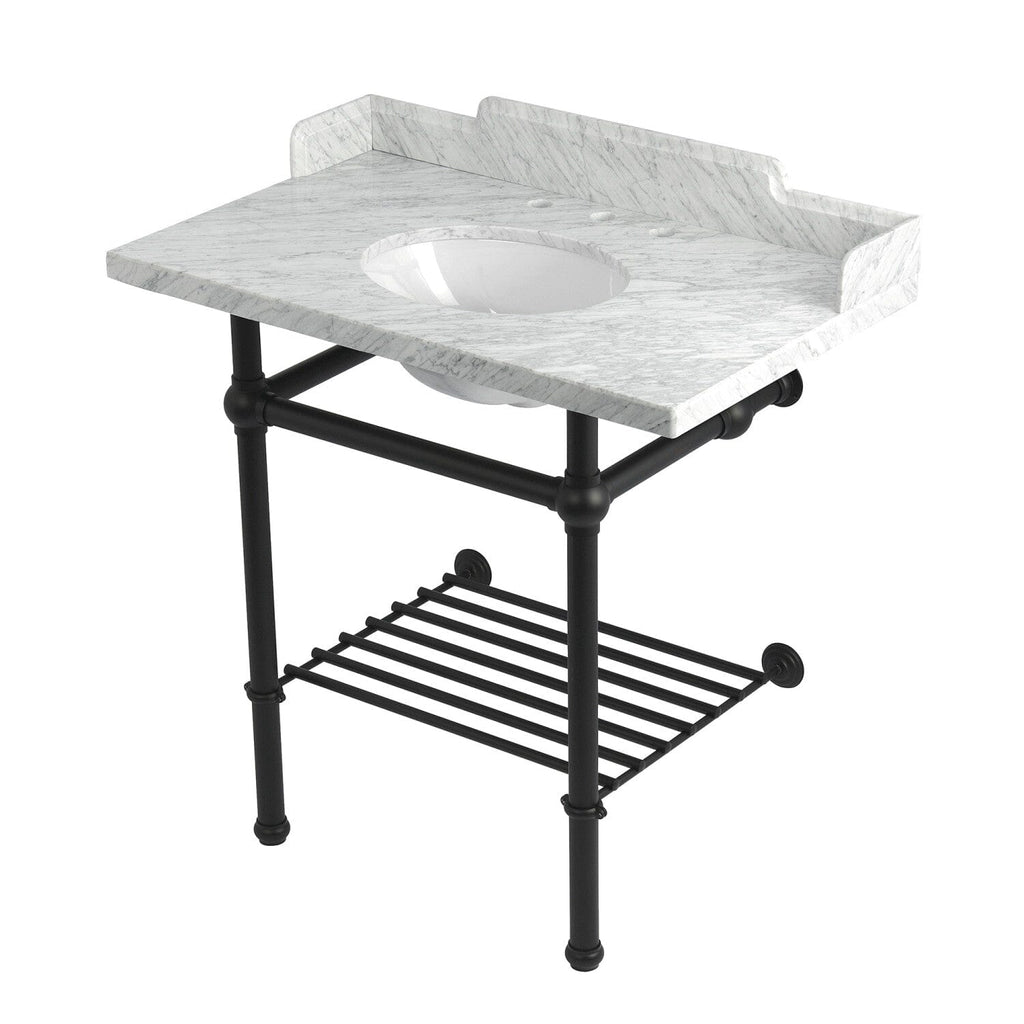 Pemberton 36-Inch Carrara Marble Console Sink with Brass Legs and Shelf (8-Inch, 3-Hole)