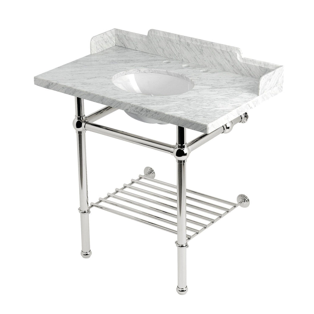 Pemberton 36-Inch Carrara Marble Console Sink with Brass Legs and Shelf (8-Inch, 3-Hole)