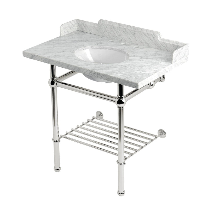 Pemberton 36-Inch Carrara Marble Console Sink with Brass Legs and Shelf (8-Inch, 3-Hole)