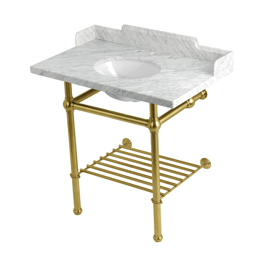 Pemberton 36-Inch Carrara Marble Console Sink with Brass Legs and Shelf (8-Inch, 3-Hole)